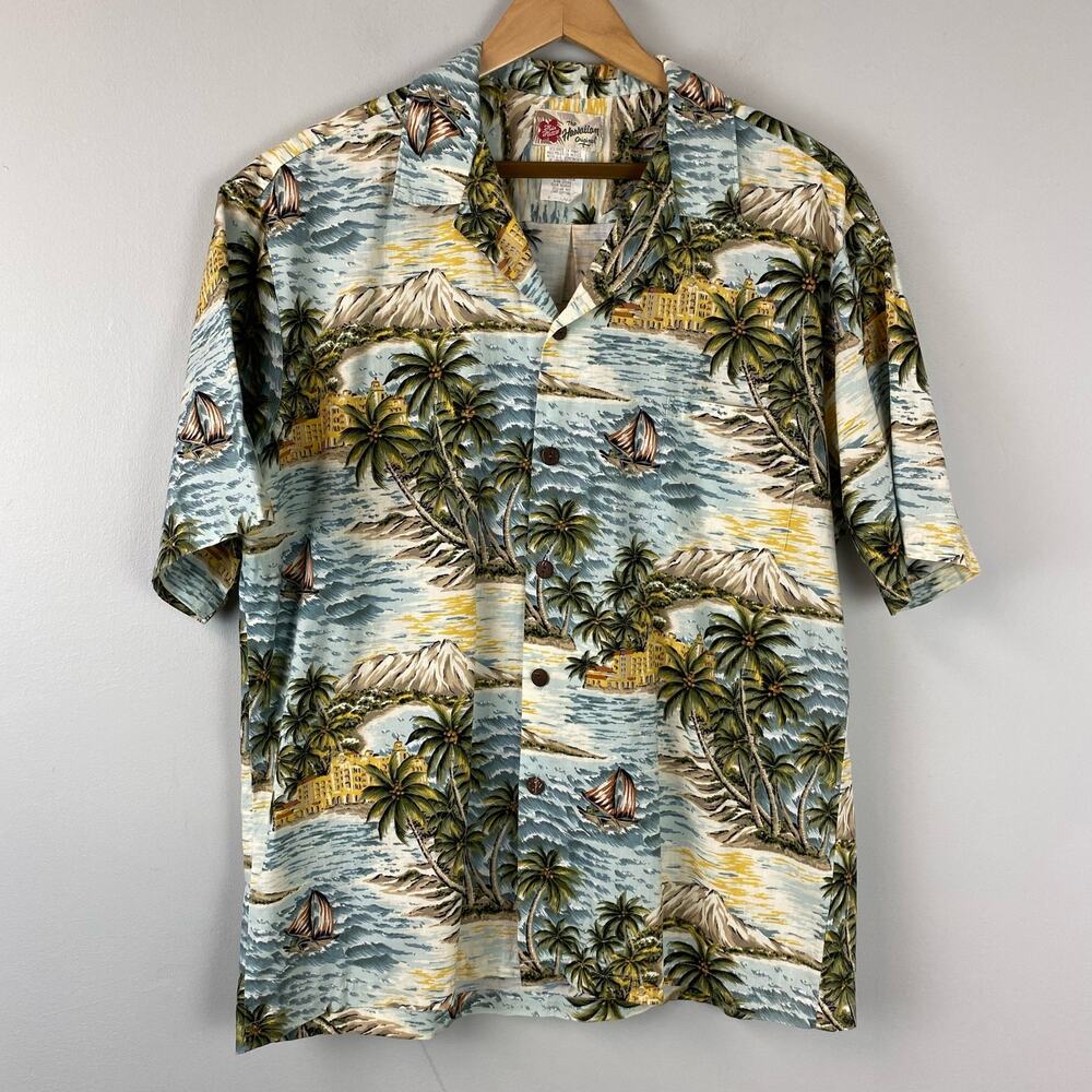 Hilo Hattie Vintage Hawaiian Button Down Short Sleeve Shirt XL Tropical Palm